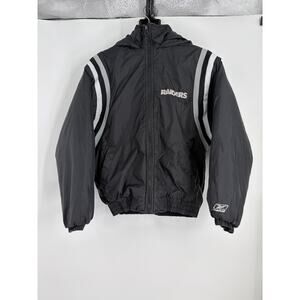 Reebok Raiders Hooded Puffer Jacket Men’s Size Medium Black Silver NFL Football